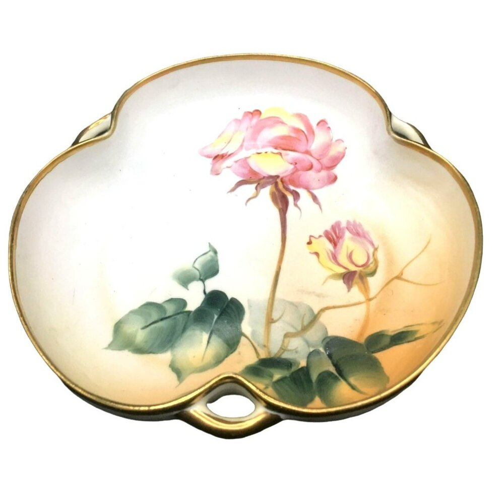 Antique NIPPON Hand-Painted Japan Candy Trinket Dish 1911 Gold Trim Rose  7x1.25